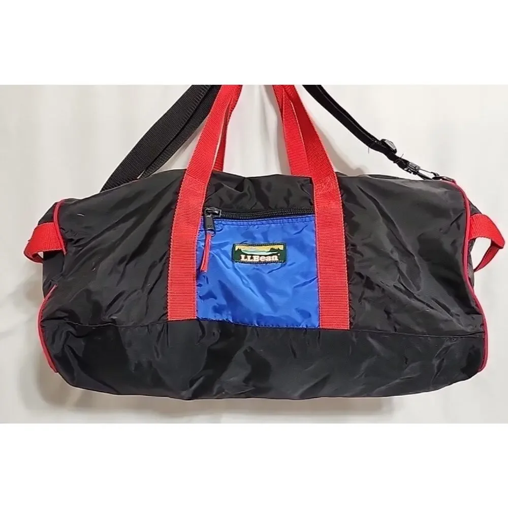 VTG LL Bean 24” Duffle Bag Patch Black/Blue Bag W/ Shoulder Strap Needs Cleaning